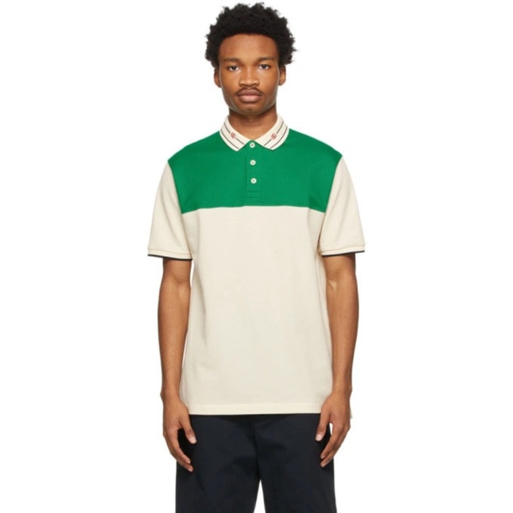 Gucci Off-White and Green Embroidered GG Polo Shirt N277-8